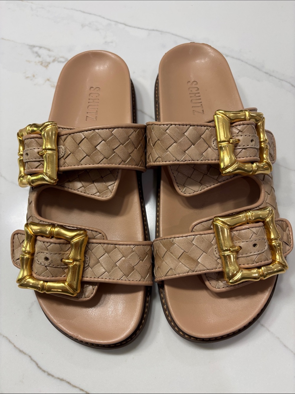 SCHUTZ Beige Woven Double-Buckle Slide Sandals - Picture 3 of 9
